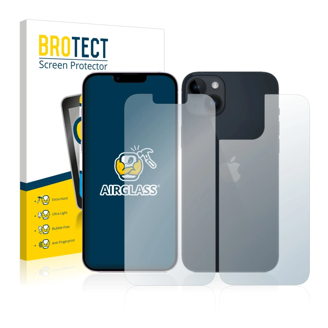 Front side of a product packaging with the brand logo BROTECT. Next to it is the device Apple iPhone 14 (Front+Back) shown wit