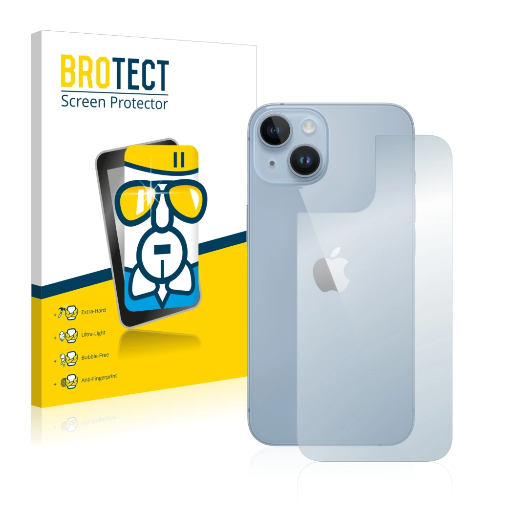Front side of a product packaging with the brand logo BROTECT. Next to it is the device Apple iPhone 14 (Back) shown with the 