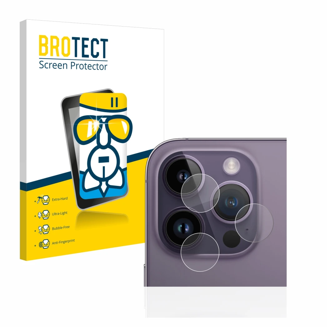Front side of a product packaging with the brand logo BROTECT. Next to it is the device Apple iPhone 14 Pro (ONLY Camera Lens)