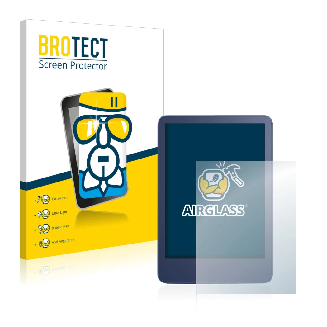 Front side of a product packaging with the brand logo BROTECT. Next to it is the device Amazon Kindle Reader 2022 shown with t