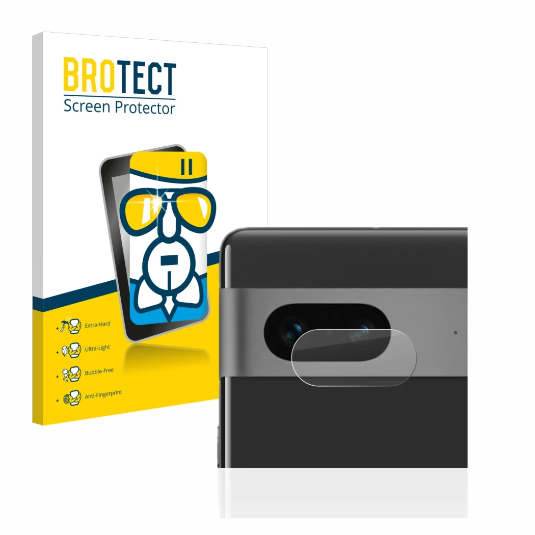 Front side of a product packaging with the brand logo BROTECT. Next to it is the device Google Pixel 7 (ONLY Camera Lens) show