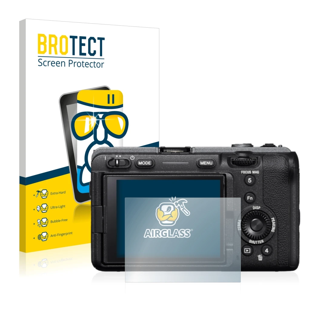 Front side of a product packaging with the brand logo BROTECT. Next to it is the device Sony Alpha FX30 Cinema Line shown with