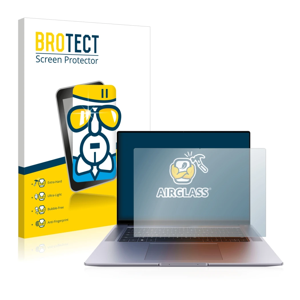 Front side of a product packaging with the brand logo BROTECT. Next to it is the device Huawei MateBook 16s shown with the cor