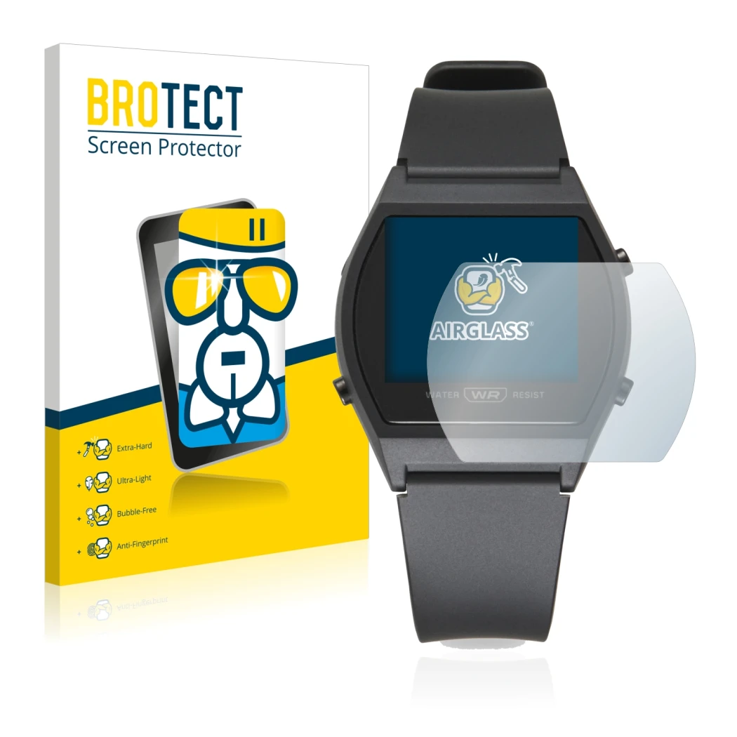 Front side of a product packaging with the brand logo BROTECT. Next to it is the device Casio LW-204-1BEF shown with the corre