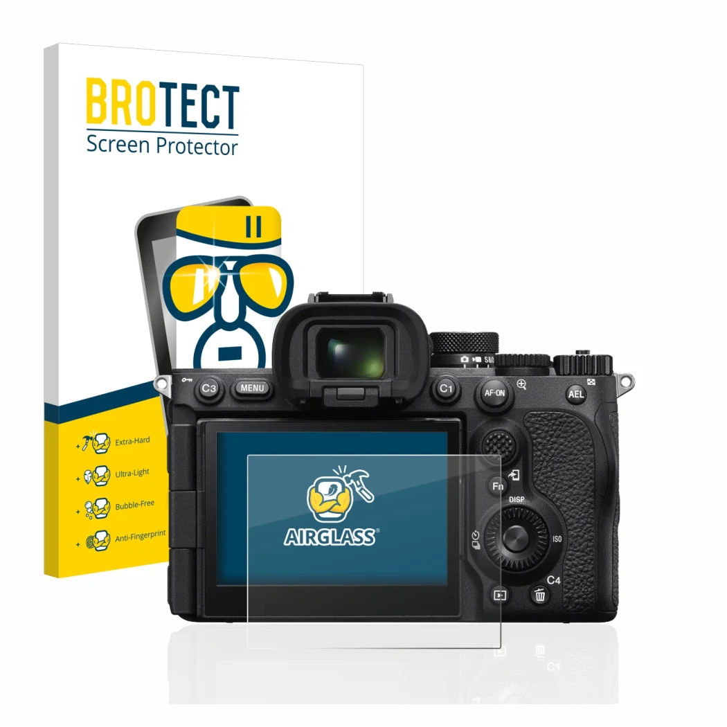 Front side of a product packaging with the brand logo BROTECT. Next to it is the device Sony Alpha 7R V / a7R V shown with the