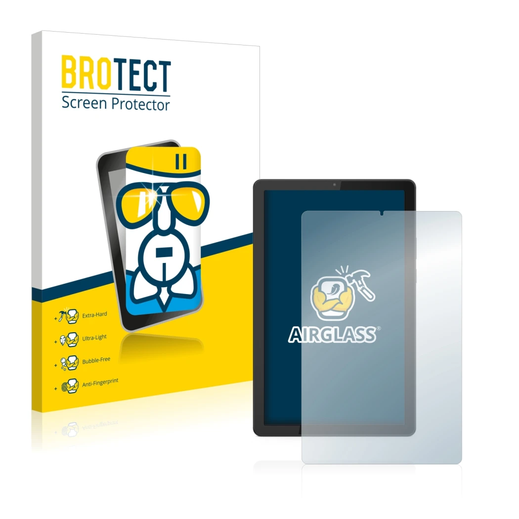 Front side of a product packaging with the brand logo BROTECT. Next to it is the device Lenovo Tab M9 shown with the correspon