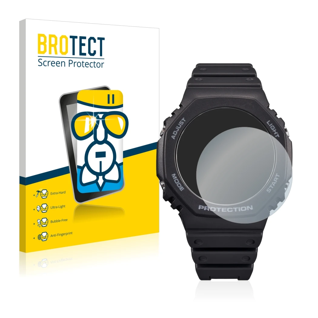 Front side of a product packaging with the brand logo BROTECT. Next to it is the device Casio G-Shock GA-B2100 shown with the 