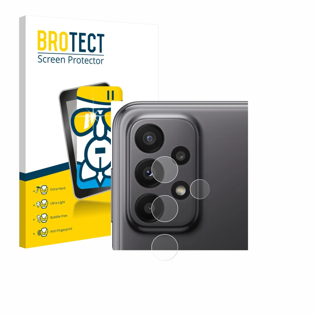 Front side of a product packaging with the brand logo BROTECT. Next to it is the device Samsung Galaxy A23 5G (ONLY Camera Len