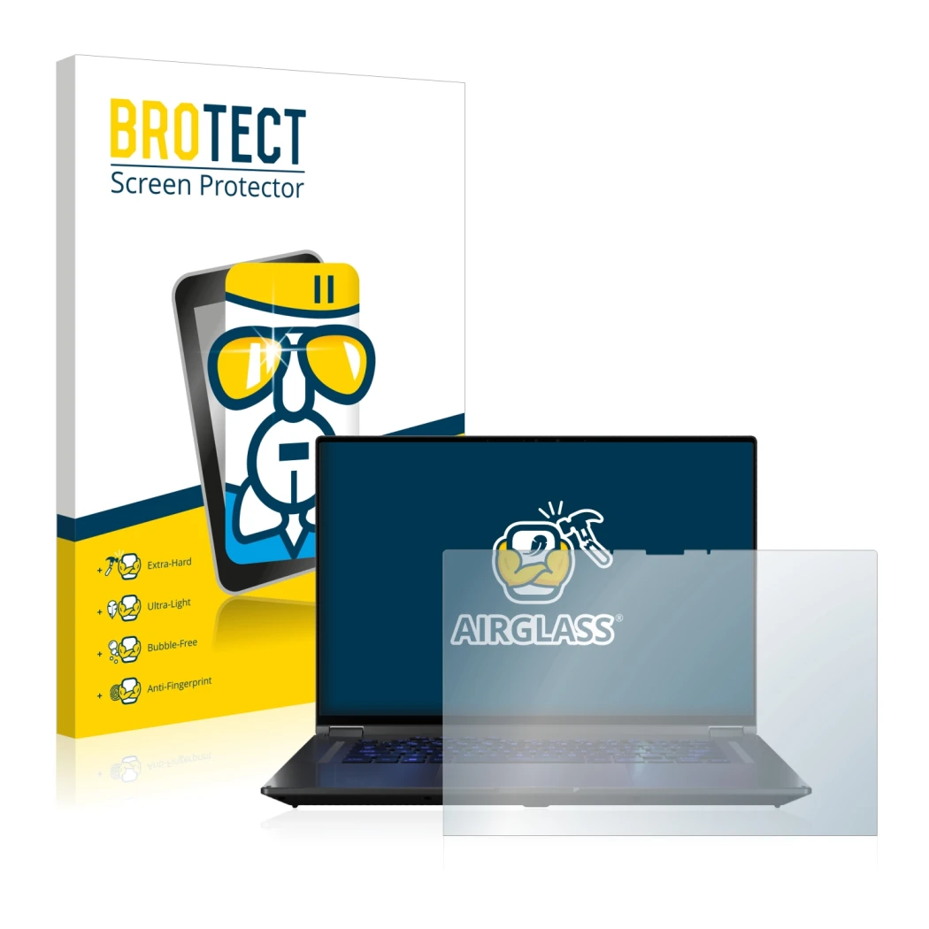 Front side of a product packaging with the brand logo BROTECT. Next to it is the device ASUS ROG Flow X16 shown with the corre