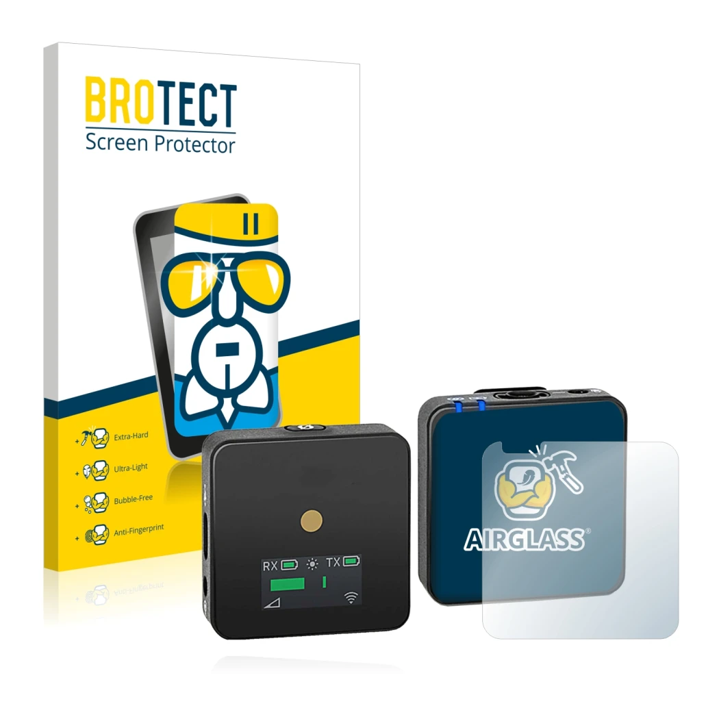 Front side of a product packaging with the brand logo BROTECT. Next to it is the device Rode Wireless GO II shown with the cor