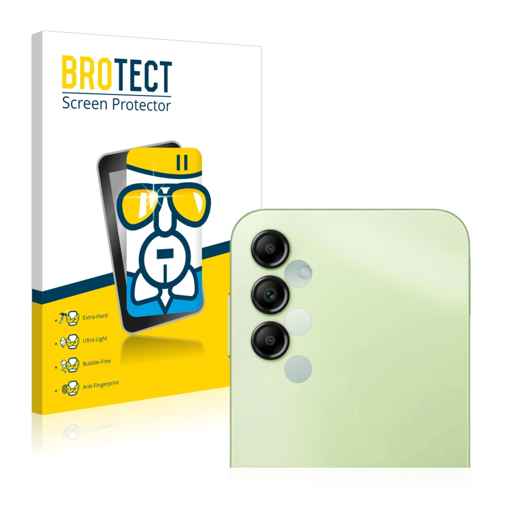 Front side of a product packaging with the brand logo BROTECT. Next to it is the device Samsung Galaxy A14 5G (ONLY Camera Len