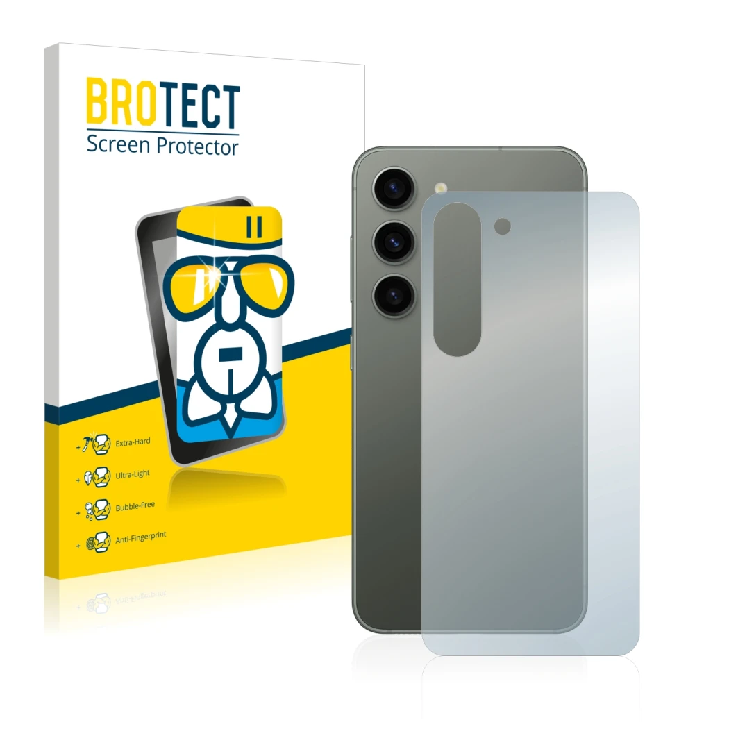 Front side of a product packaging with the brand logo BROTECT. Next to it is the device Samsung Galaxy S23 (Back) shown with t