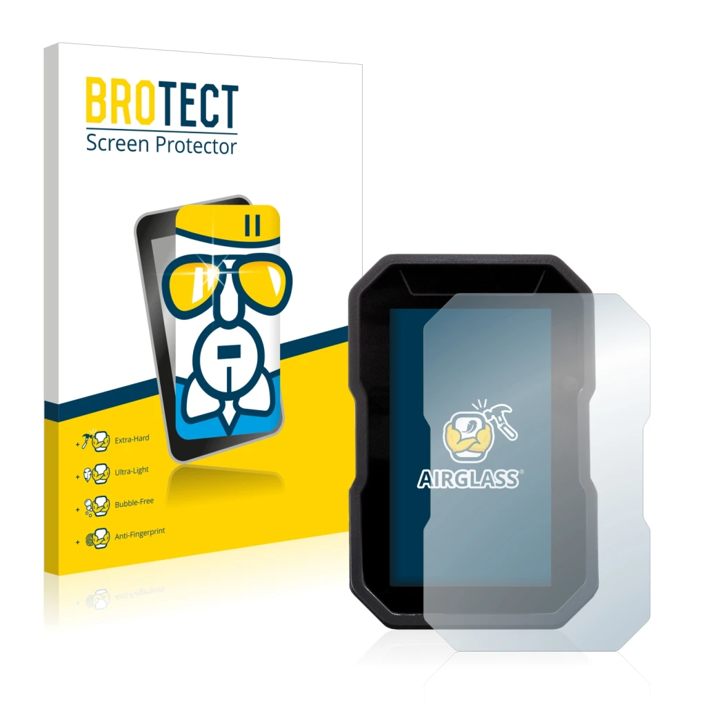 Front side of a product packaging with the brand logo BROTECT. Next to it is the device Ducati DesertX 2022 shown with the cor