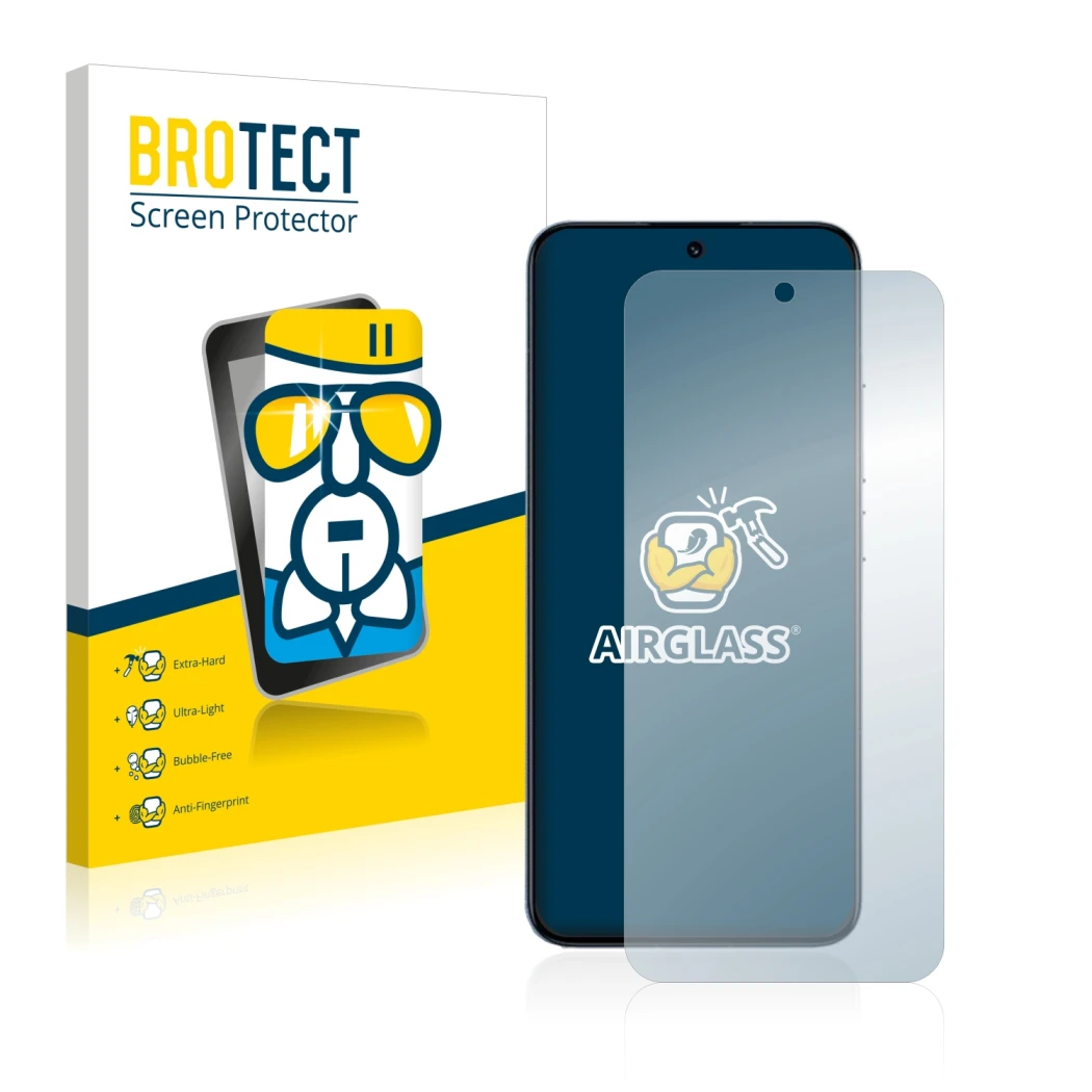Front side of a product packaging with the brand logo BROTECT. Next to it is the device Xiaomi 13 shown with the corresponding