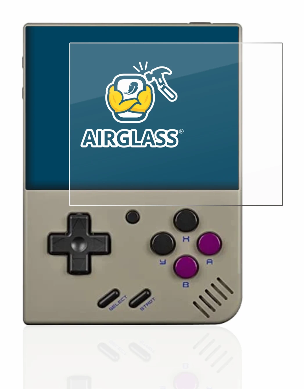 Image of the device Miyoo Mini Plus with a wide variety of screen protectors.