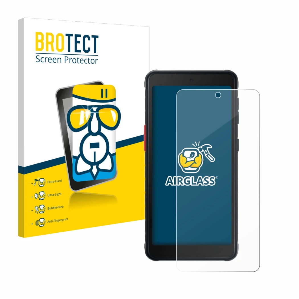 Front side of a product packaging with the brand logo BROTECT. Next to it is the device Samsung Galaxy XCover 5 Enterprise Edi