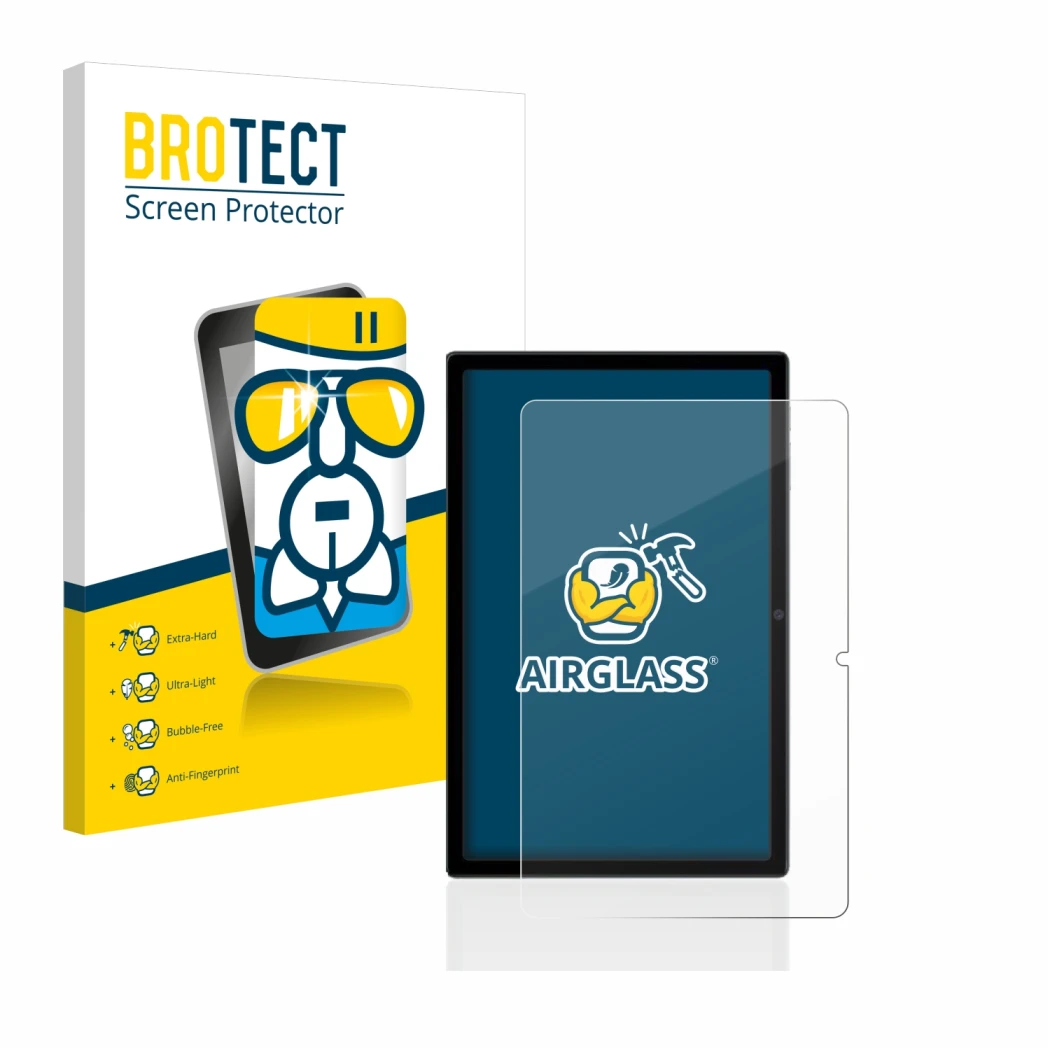 Front side of a product packaging with the brand logo BROTECT. Next to it is the device Blackview Tab 16 shown with the corres