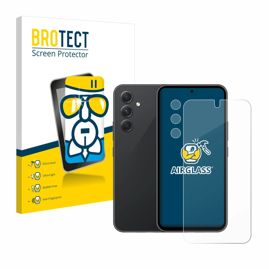 Front side of a product packaging with the brand logo BROTECT. Next to it is the device Samsung Galaxy A54 5G (Front+Camera) s