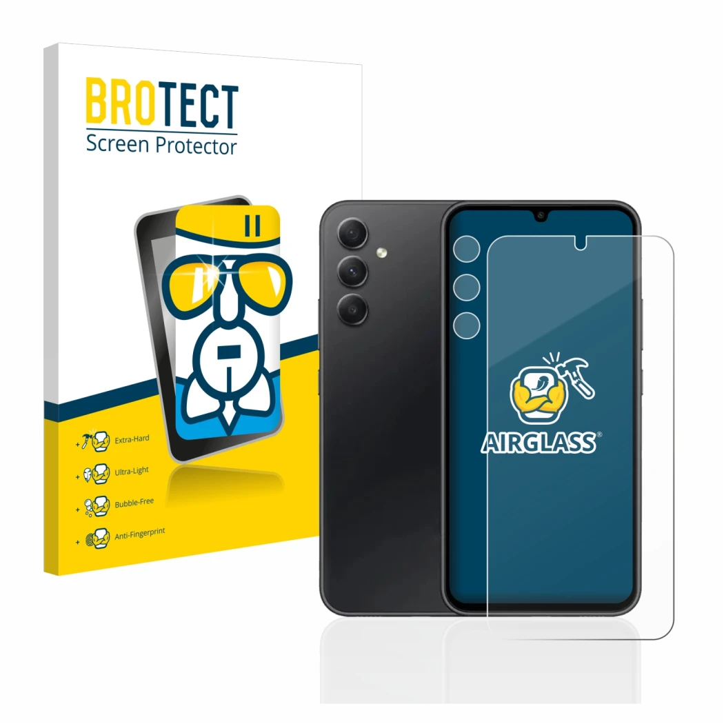 Front side of a product packaging with the brand logo BROTECT. Next to it is the device Samsung Galaxy A34 5G (Front+Camera) s