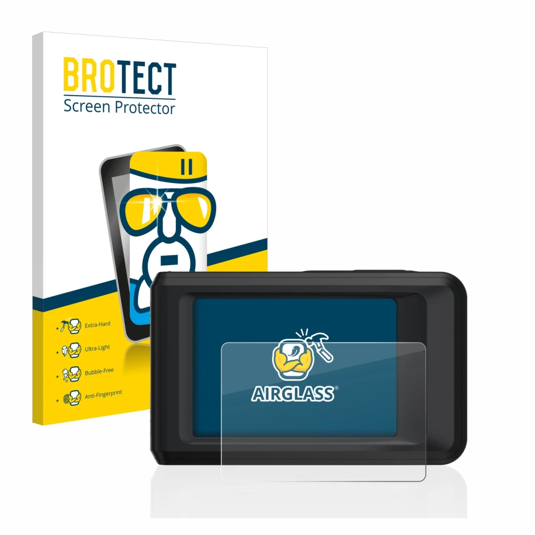 Front side of a product packaging with the brand logo BROTECT. Next to it is the device Hikmicro Pocket 2 shown with the corre