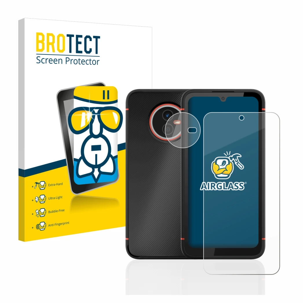 Front side of a product packaging with the brand logo BROTECT. Next to it is the device Gigaset GX4 (Front+Camera) shown with 