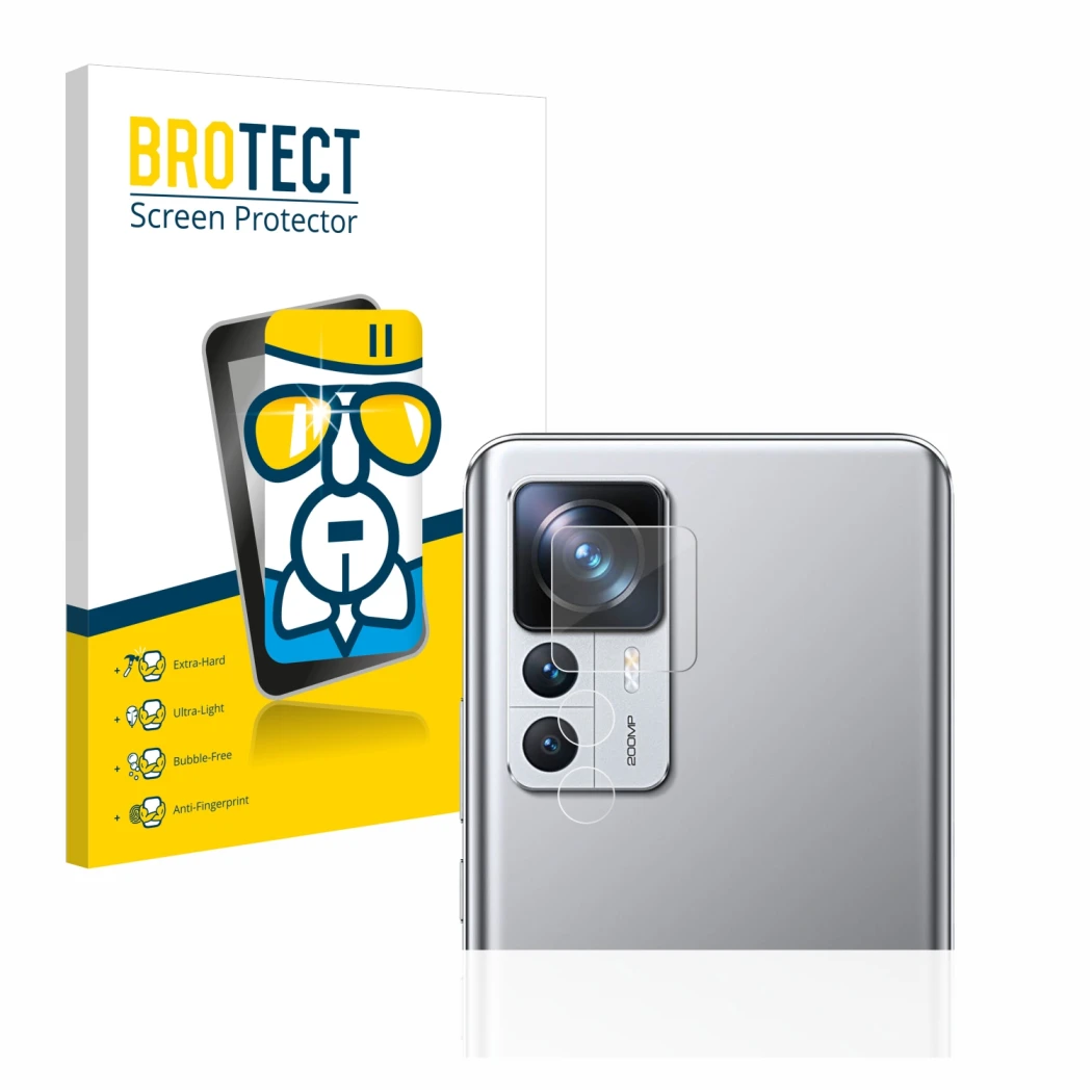 Front side of a product packaging with the brand logo BROTECT. Next to it is the device Xiaomi 12T Pro (ONLY Camera Lens) show