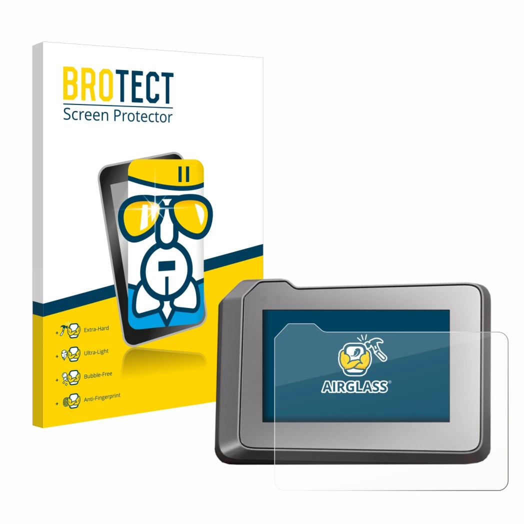 Front side of a product packaging with the brand logo BROTECT. Next to it is the device KTM 1290 Super Duke R 2022 TFT-Display