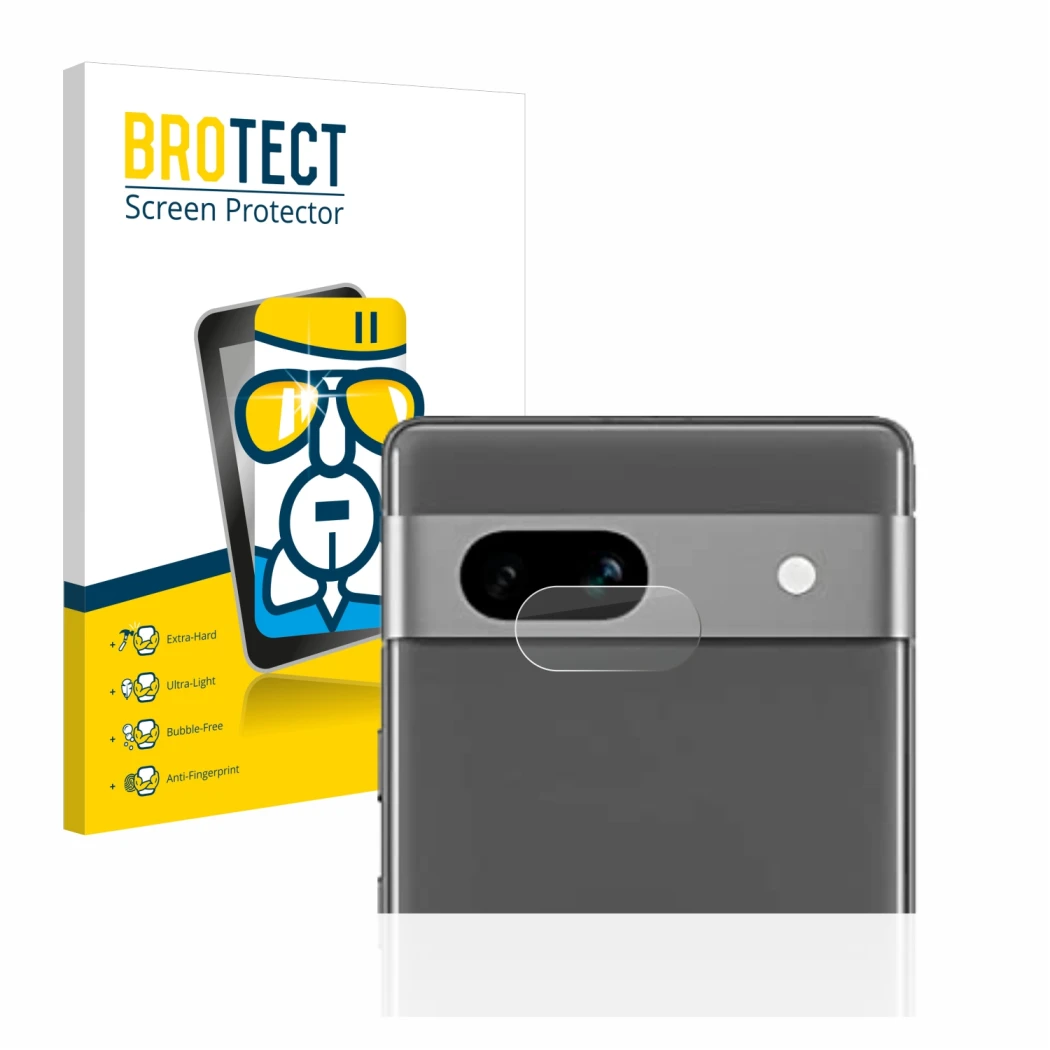 Front side of a product packaging with the brand logo BROTECT. Next to it is the device Google Pixel 7a (ONLY Camera Lens) sho