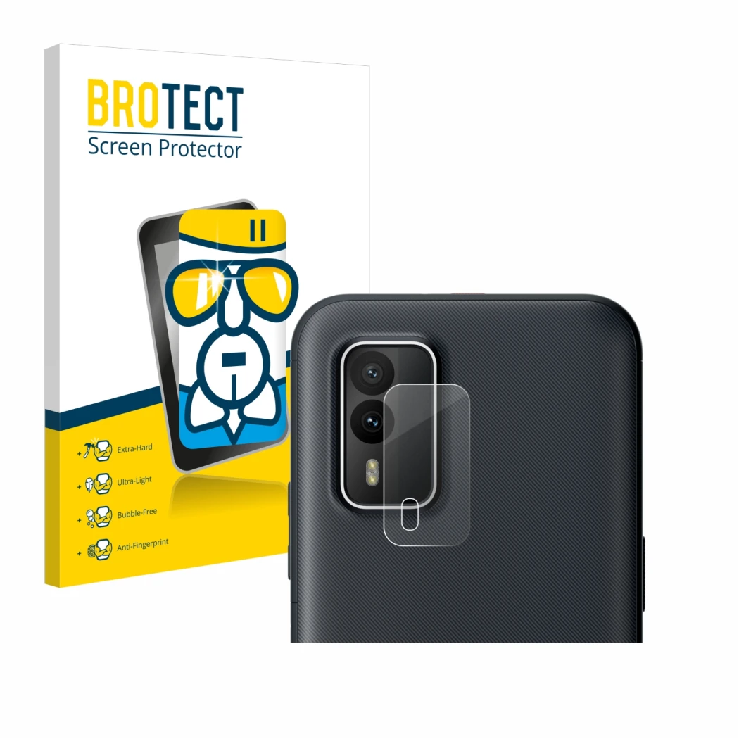 Front side of a product packaging with the brand logo BROTECT. Next to it is the device Nokia XR21 (ONLY Camera Lens) shown wi