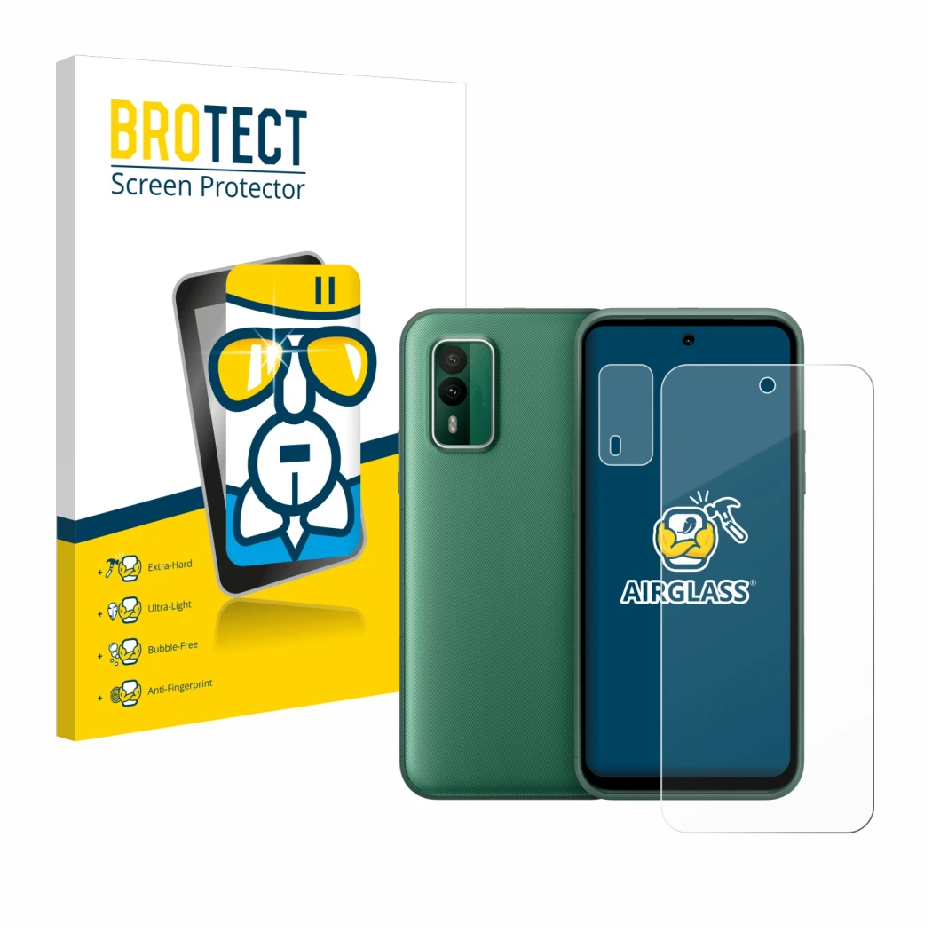 Front side of a product packaging with the brand logo BROTECT. Next to it is the device Nokia XR21 (Front+Camera) shown with t