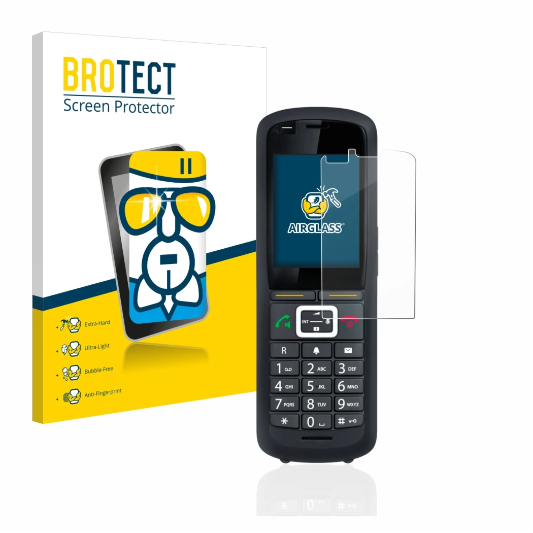 Front side of a product packaging with the brand logo BROTECT. Next to it is the device Gigaset R700H Pro shown with the corre