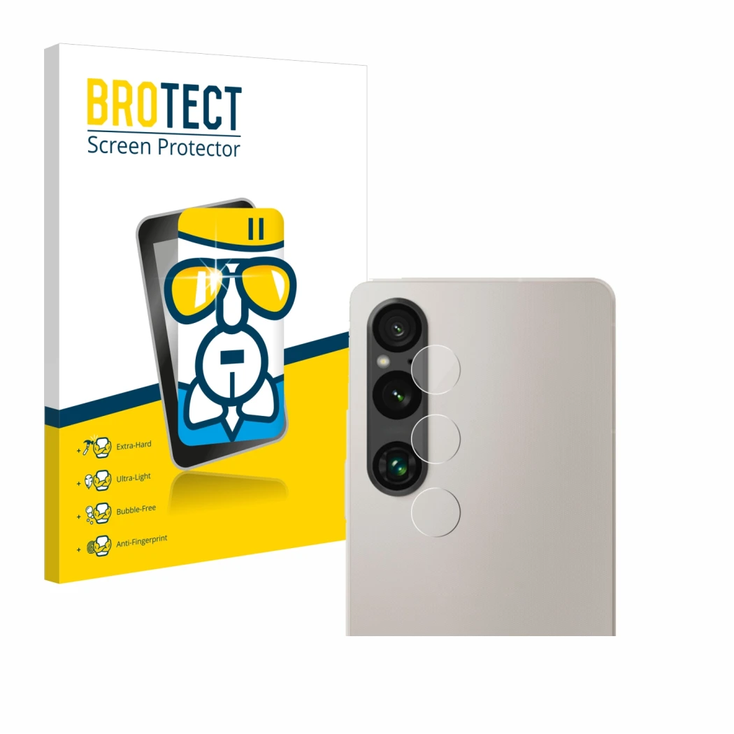Front side of a product packaging with the brand logo BROTECT. Next to it is the device Sony Xperia 1 V (ONLY Camera Lens) sho