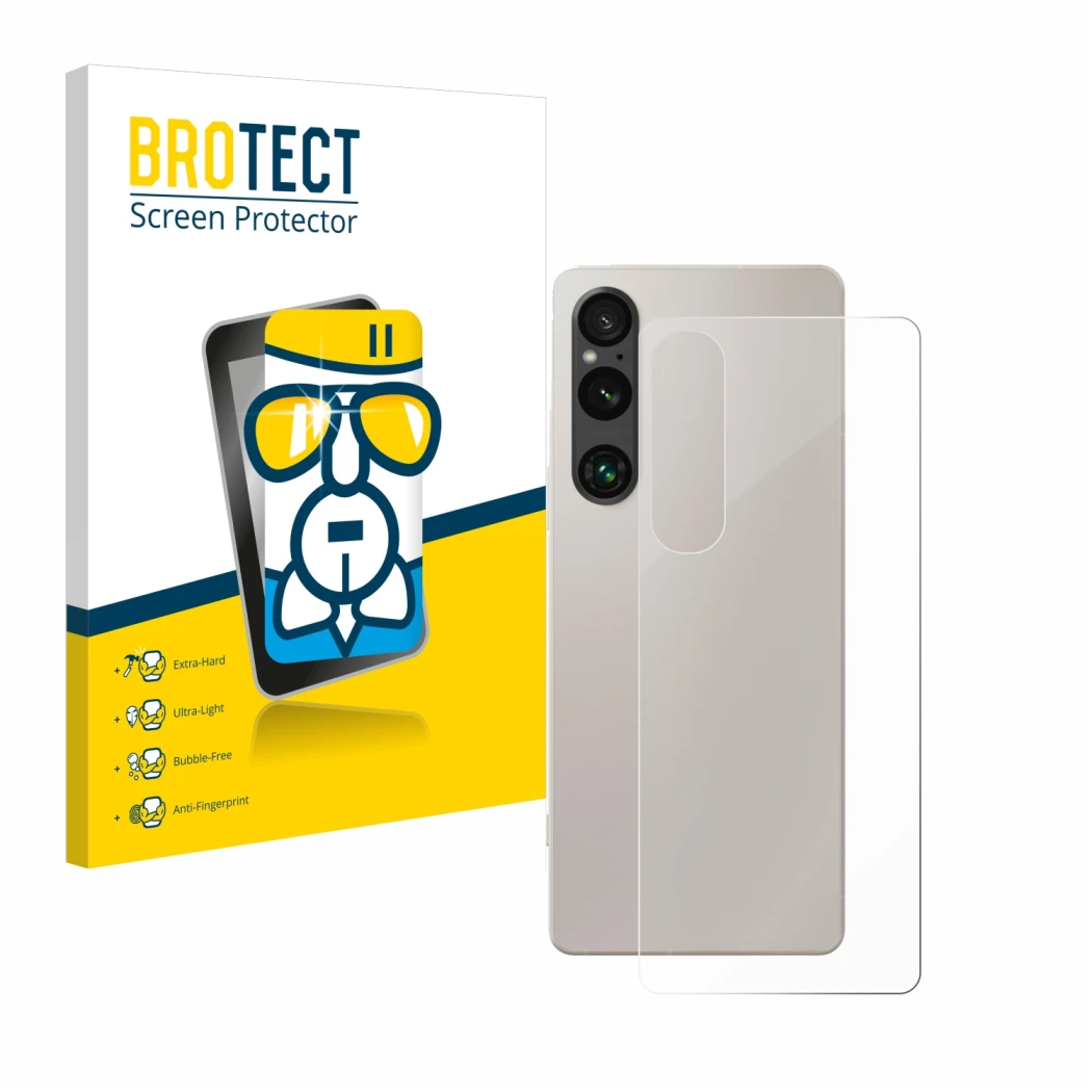 Front side of a product packaging with the brand logo BROTECT. Next to it is the device Sony Xperia 1 V (Back) shown with the 