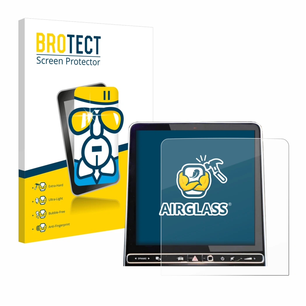 Front side of a product packaging with the brand logo BROTECT. Next to it is the device Mercedes-Benz GLC X254 GPS Navigation 