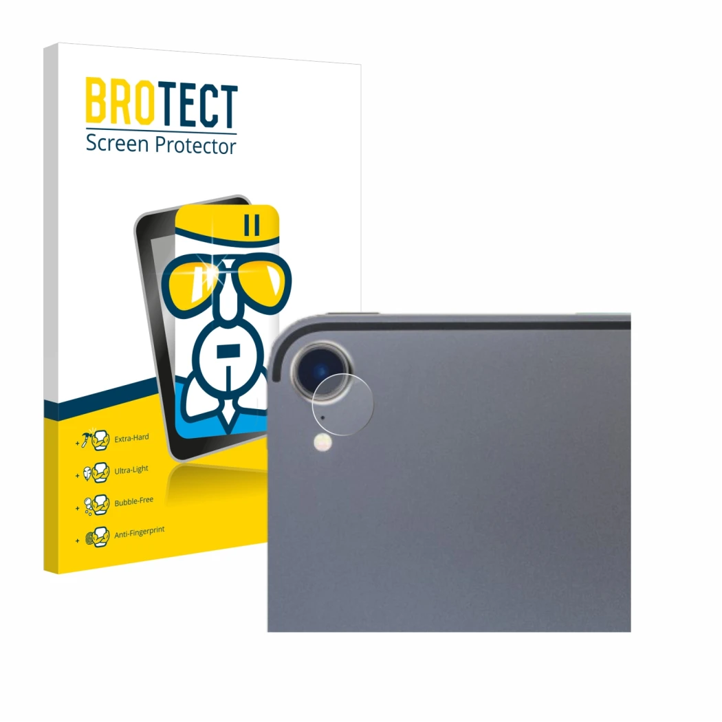Front side of a product packaging with the brand logo BROTECT. Next to it is the device Apple iPad Pro 12.9