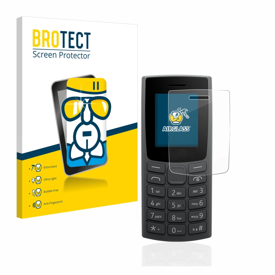Front side of a product packaging with the brand logo BROTECT. Next to it is the device Nokia 105 (2023) shown with the corres