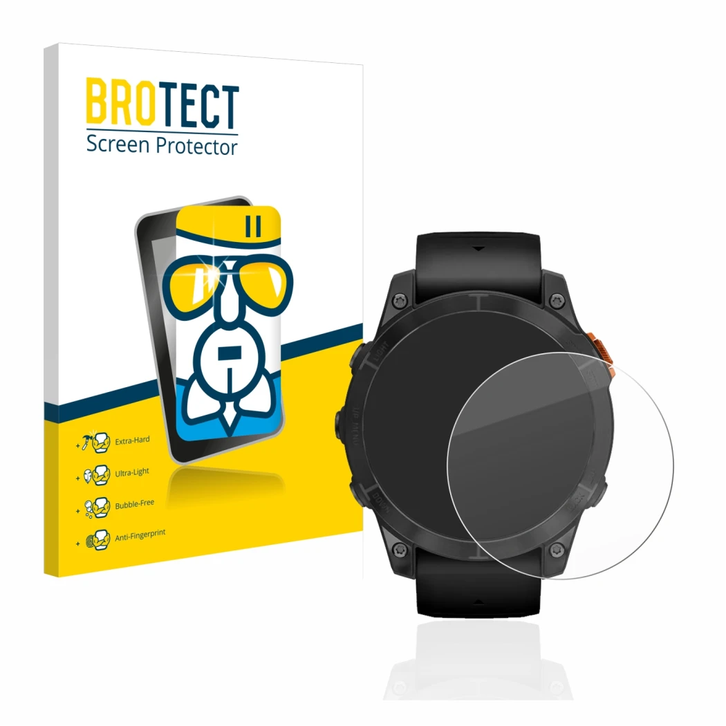 Front side of a product packaging with the brand logo BROTECT. Next to it is the device Garmin Fenix 7 Pro Solar (47 mm) shown