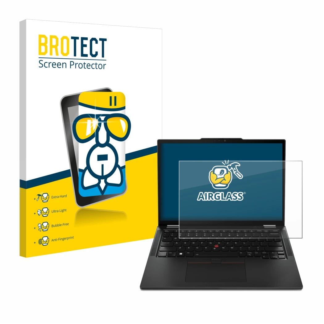 Front side of a product packaging with the brand logo BROTECT. Next to it is the device Lenovo ThinkPad X13 Gen 4 shown with t