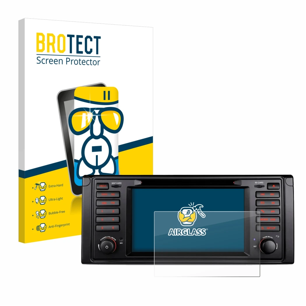 Front side of a product packaging with the brand logo BROTECT. Next to it is the device Xtrons IQ7039B shown with the correspo