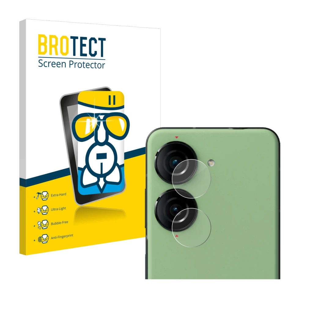 Front side of a product packaging with the brand logo BROTECT. Next to it is the device ASUS ZenFone 10 (ONLY Camera Lens) sho