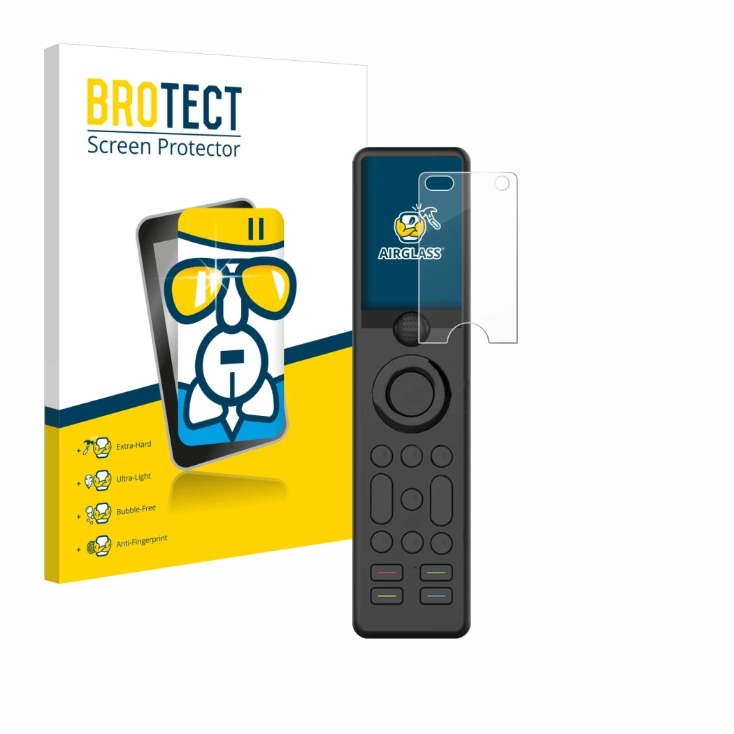 Front side of a product packaging with the brand logo BROTECT. Next to it is the device Sofabaton X1 shown with the correspond