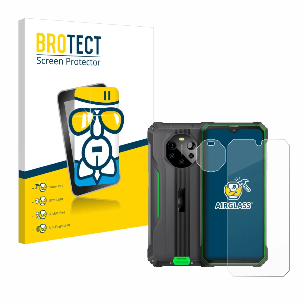 Front side of a product packaging with the brand logo BROTECT. Next to it is the device Blackview BL8800 5G (Front+Camera) sho