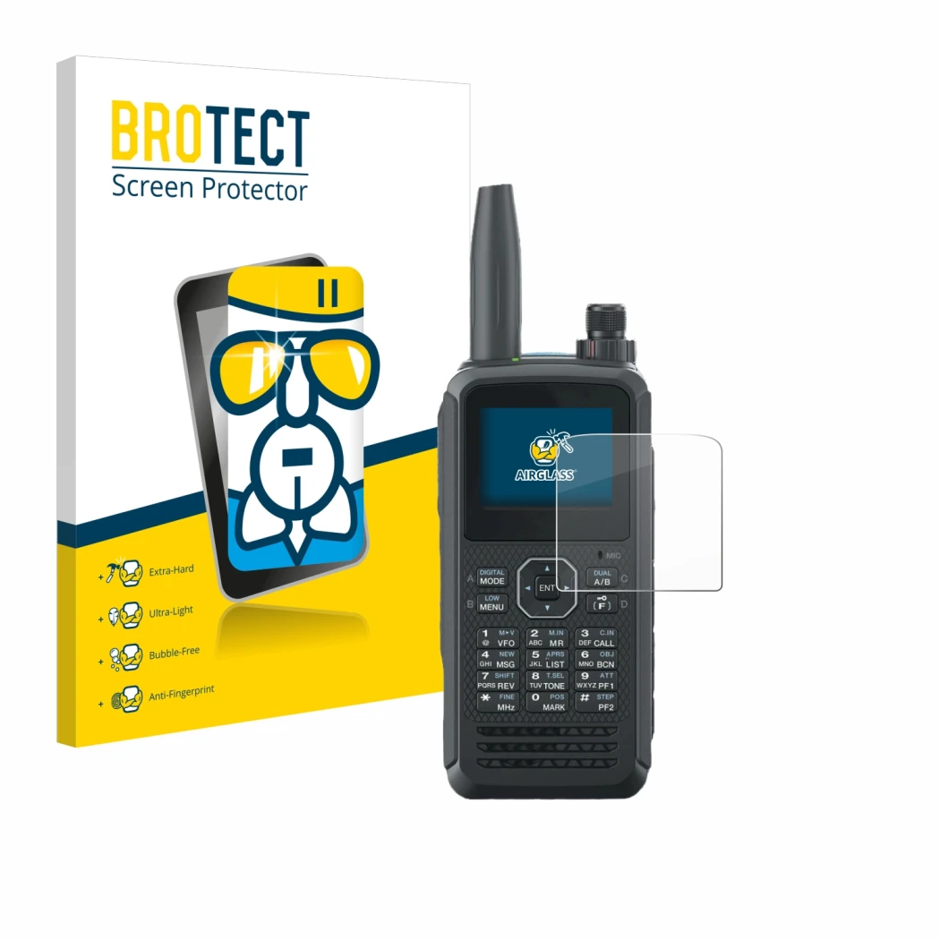 Front side of a product packaging with the brand logo BROTECT. Next to it is the device Kenwood TH-D75E D-Star shown with the 