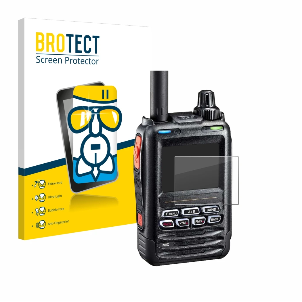 Front side of a product packaging with the brand logo BROTECT. Next to it is the device Yaesu FT-5DE/DR shown with the corresp