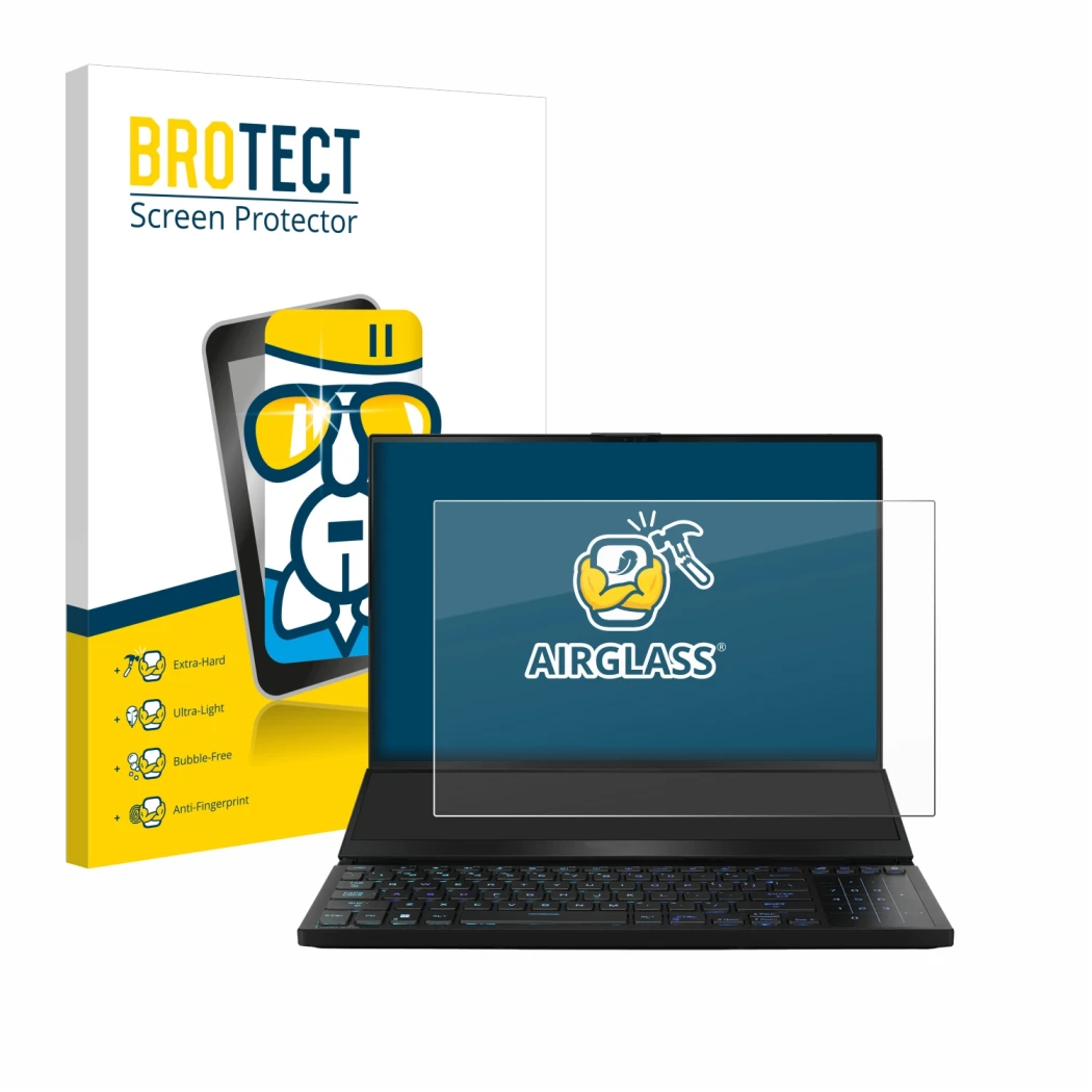 Front side of a product packaging with the brand logo BROTECT. Next to it is the device ASUS ROG Zephyrus Duo 16 2023 shown wi