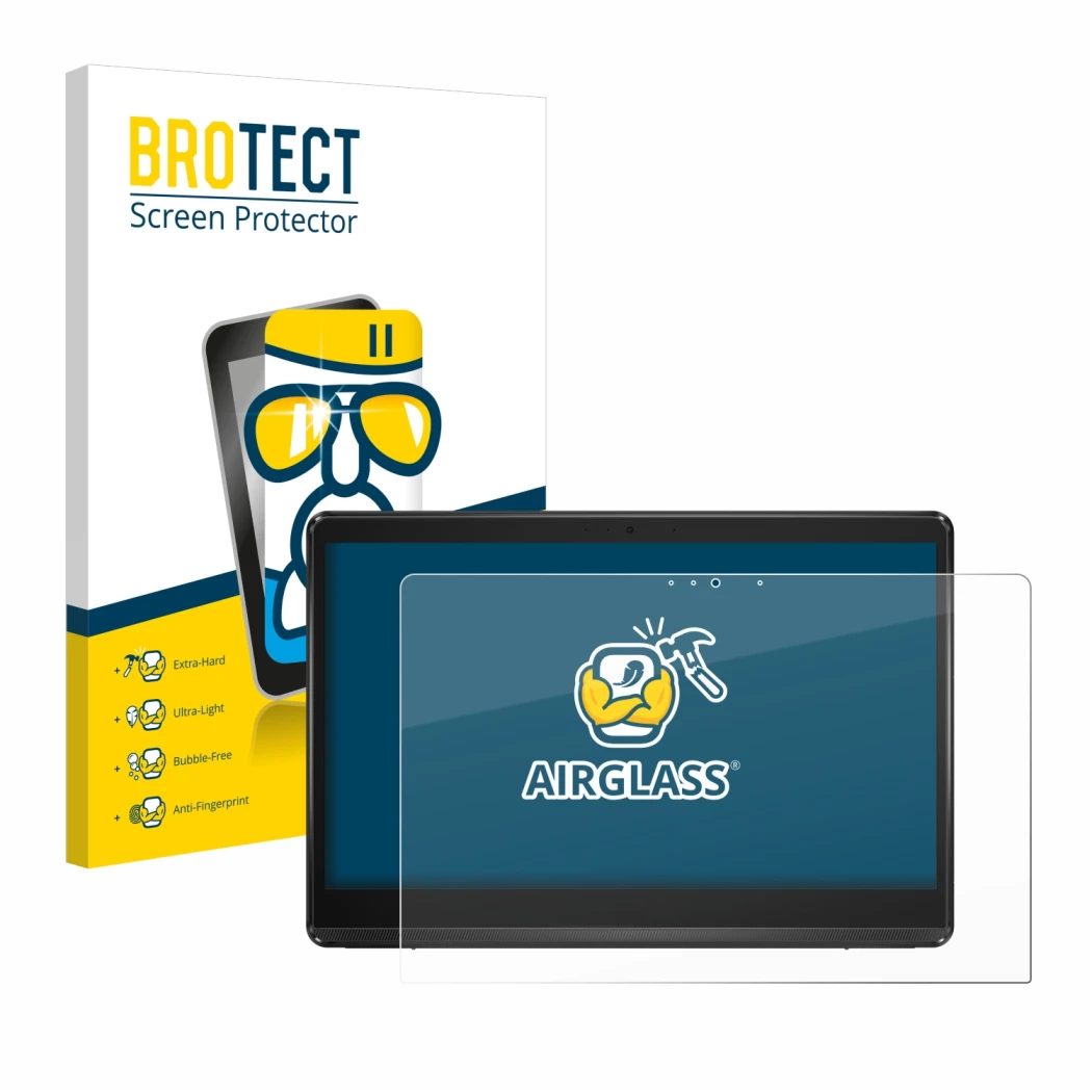 Front side of a product packaging with the brand logo BROTECT. Next to it is the device ASUS ExpertCenter E1 AIO E1600 shown w
