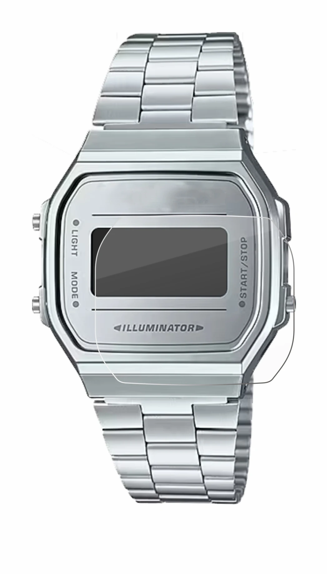 Image of the device Casio A168WEM-7EF with a wide variety of screen protectors.