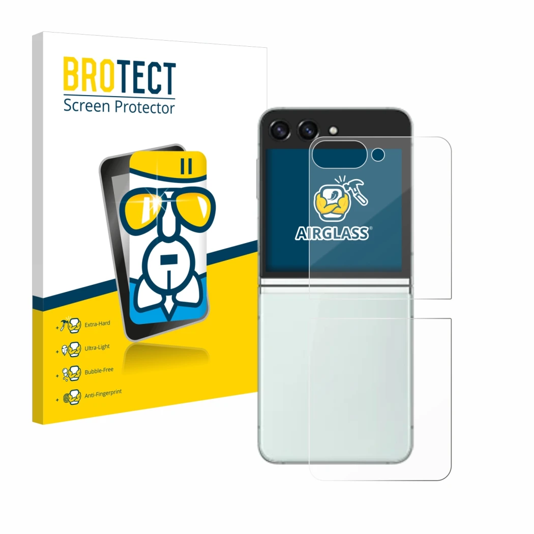 Front side of a product packaging with the brand logo BROTECT. Next to it is the device Samsung Galaxy Z Flip 5 (Back) shown w