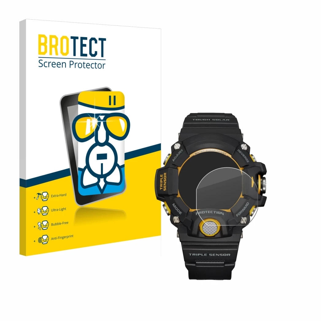 Front side of a product packaging with the brand logo BROTECT. Next to it is the device Casio G-Shock GW-9400Y-1 shown with th