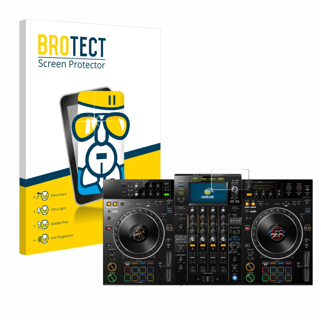 Front side of a product packaging with the brand logo BROTECT. Next to it is the device Pioneer XDJ -XZ shown with the corresp